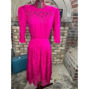 dress 100% silk fuchsia floral cutwork lace drop waist